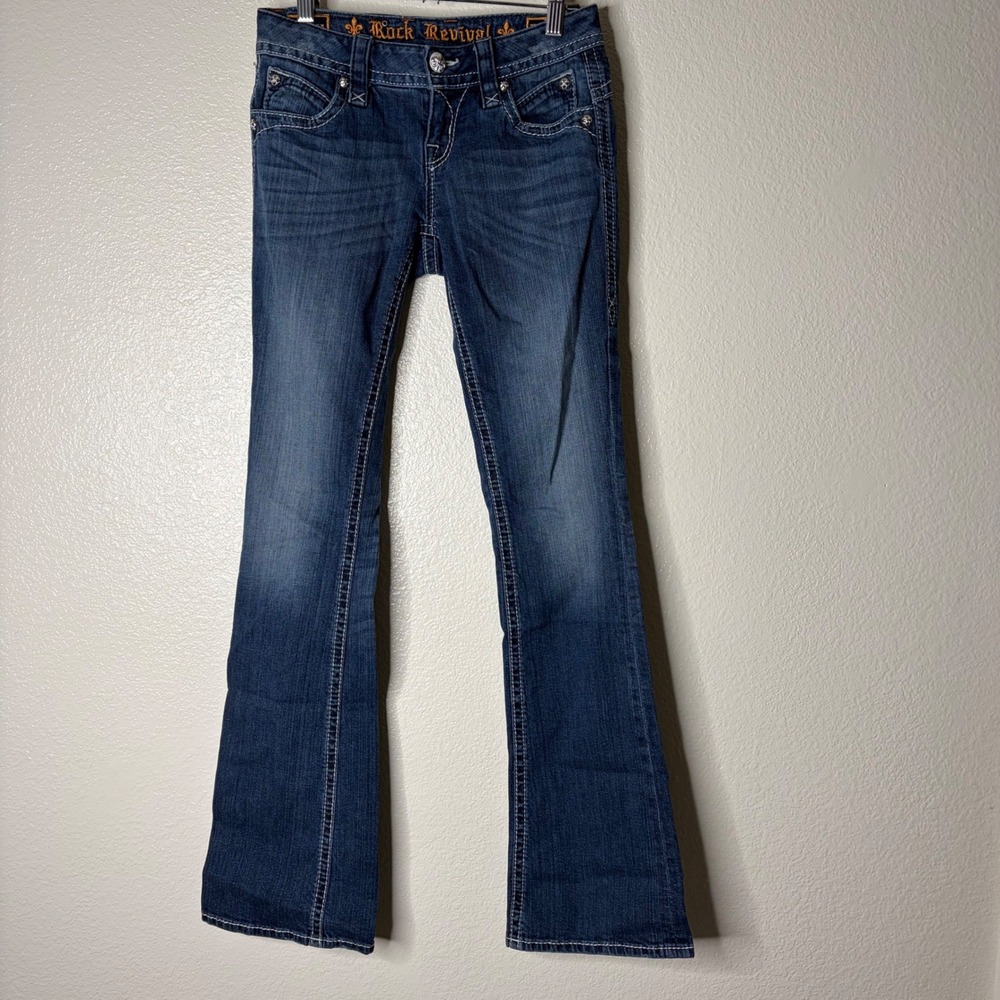 Rock Revival Johanna Bootcut Jeans Dark Wash Fleur De Lis Stitching Womens 25